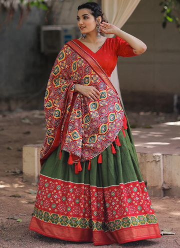 Foil Print Mehendi Green Dola Silk Lehenga Choli For Women